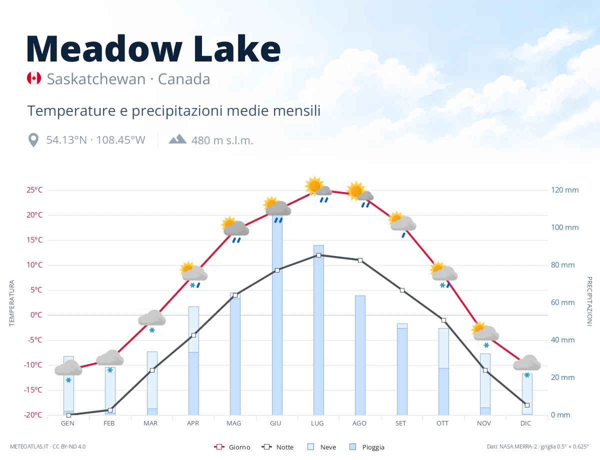 Meadow Lake - temperature e precipitazioni medie mensili