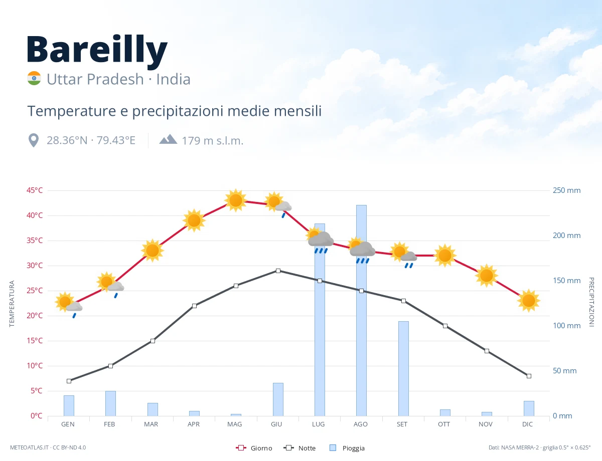Bareilly - temperature e precipitazioni medie mensili