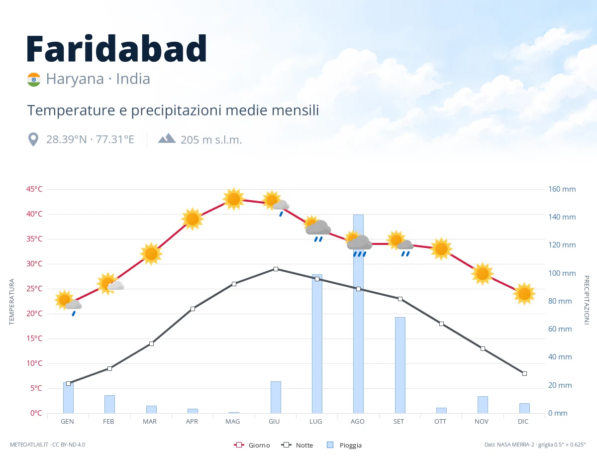 Faridabad - temperature e precipitazioni medie mensili