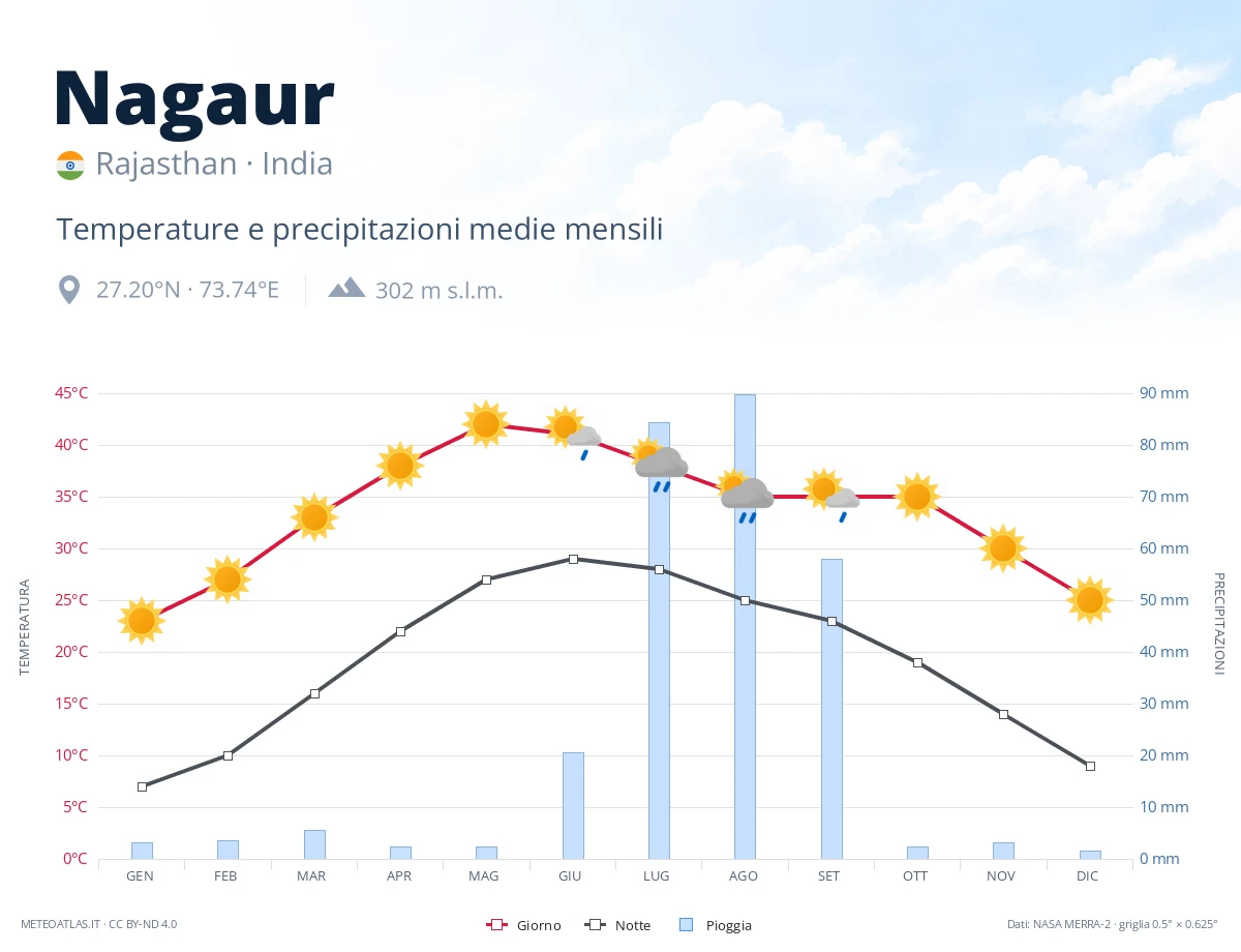 Nagaur - temperature e precipitazioni medie mensili