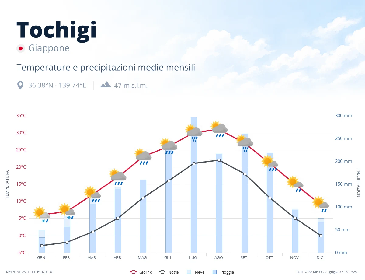 Tochigi - temperature e precipitazioni medie mensili