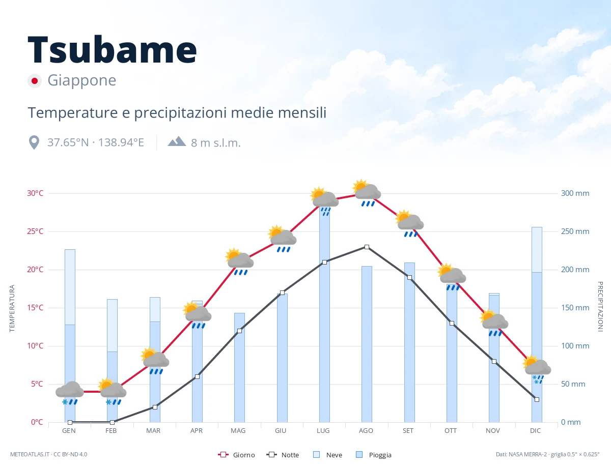 Tsubame - temperature e precipitazioni medie mensili
