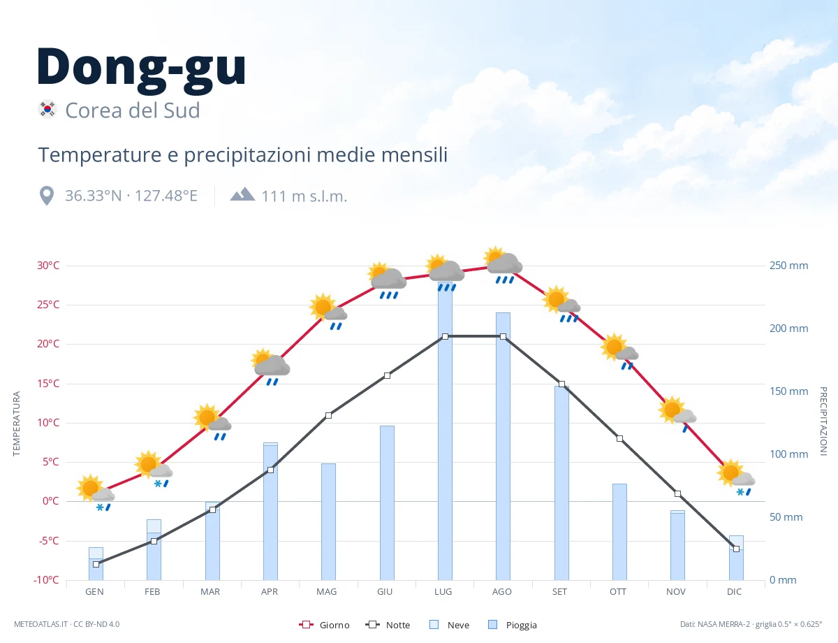 Dong-gu - temperature e precipitazioni medie mensili