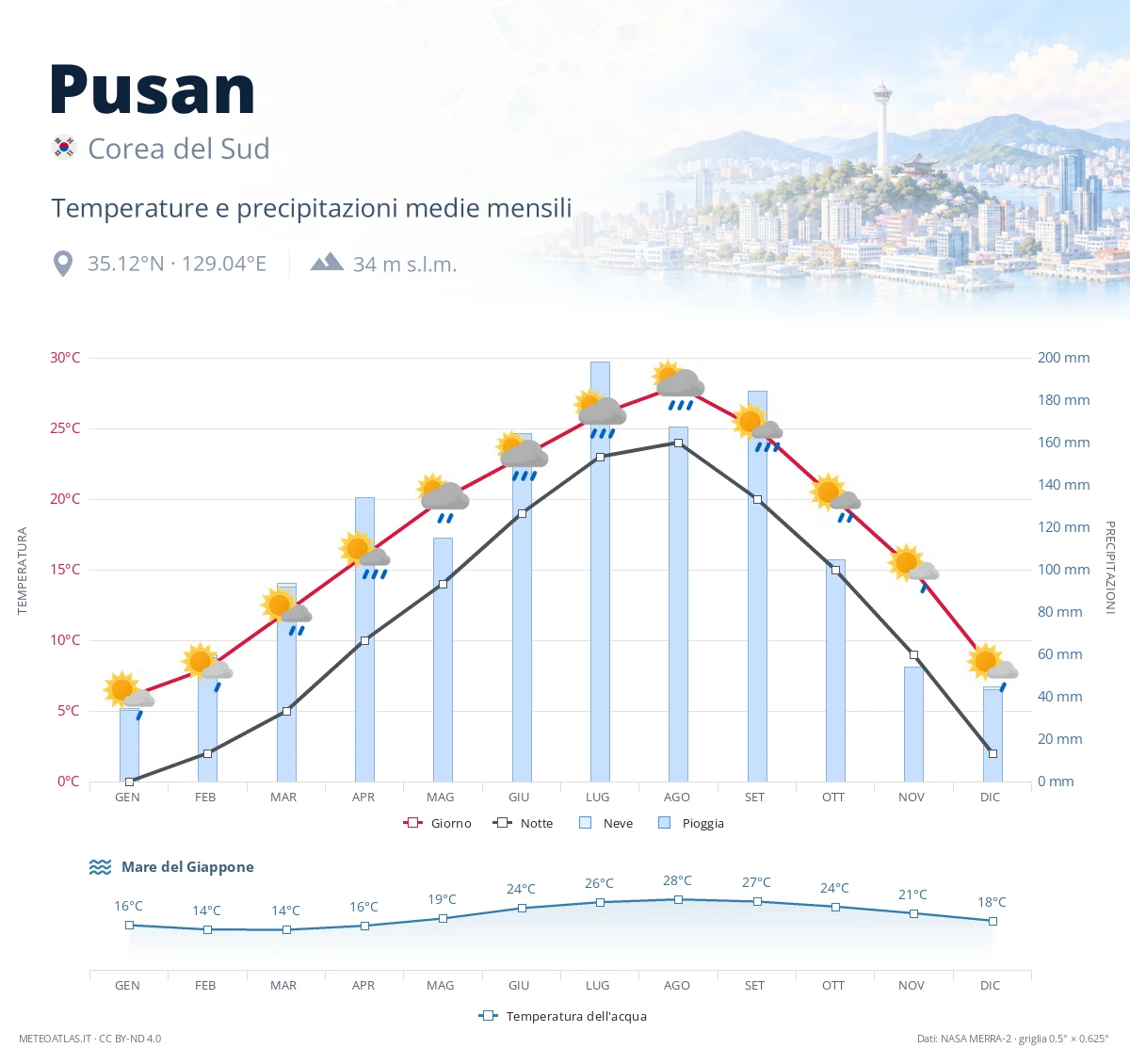 Pusan - temperature e precipitazioni medie mensili