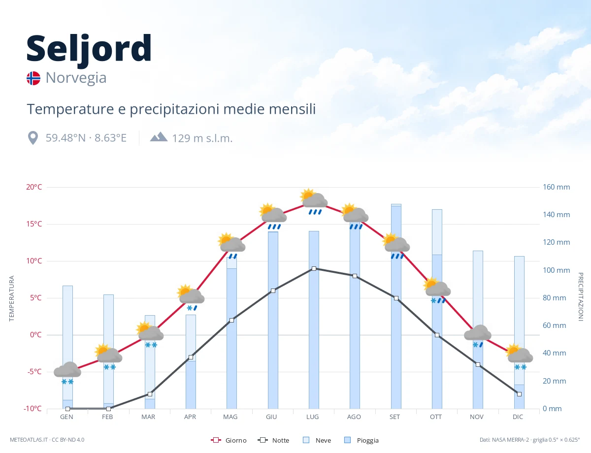 Seljord - temperature e precipitazioni medie mensili