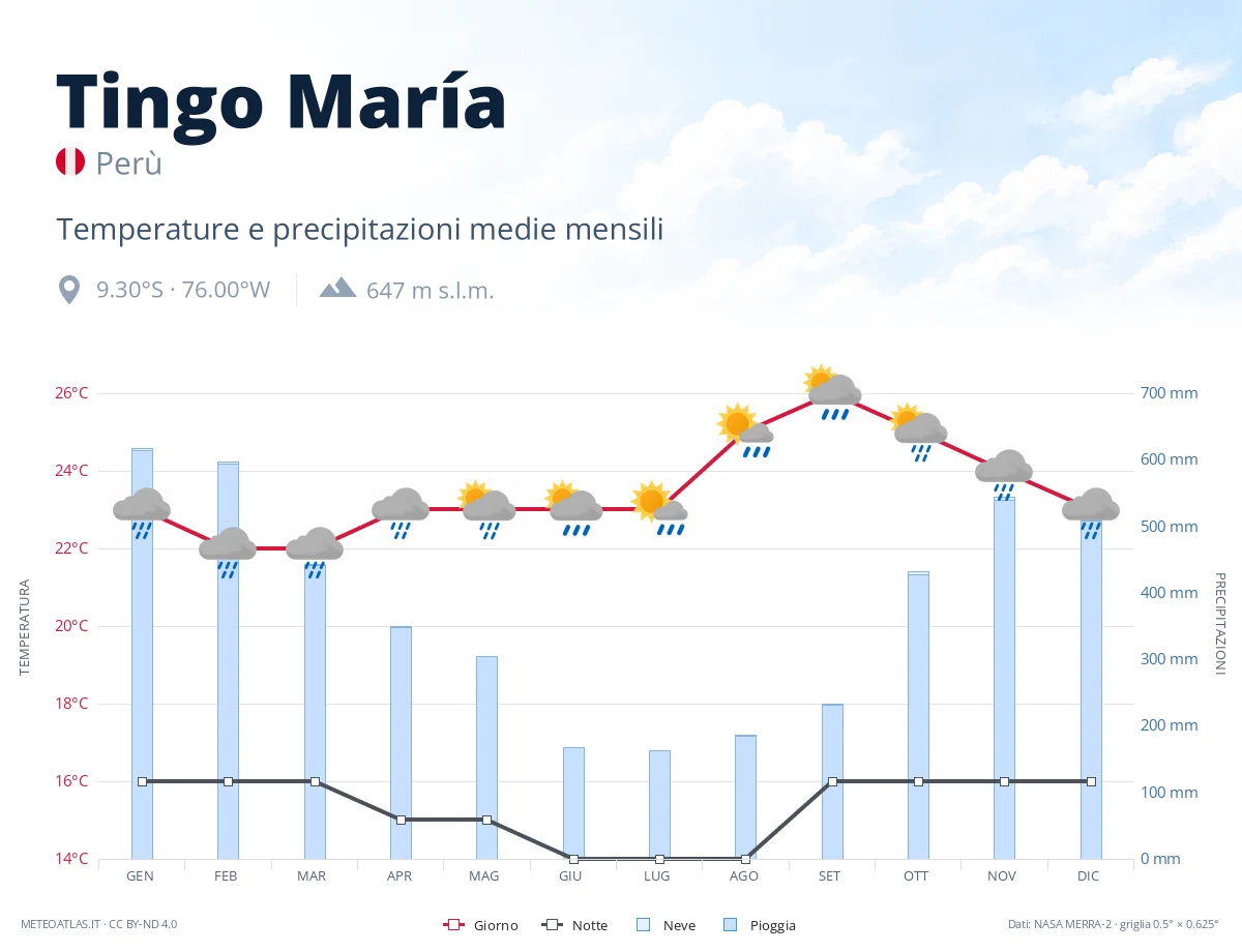 Tingo María - temperature e precipitazioni medie mensili