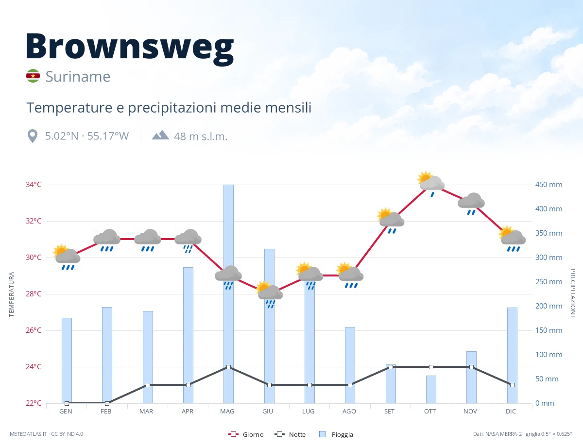 Brownsweg - temperature e precipitazioni medie mensili