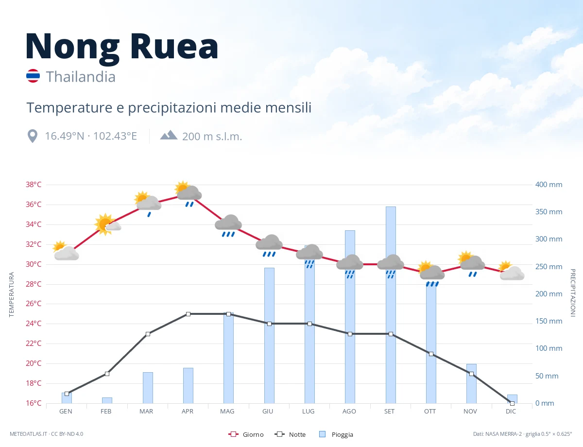 Nong Ruea - temperature e precipitazioni medie mensili