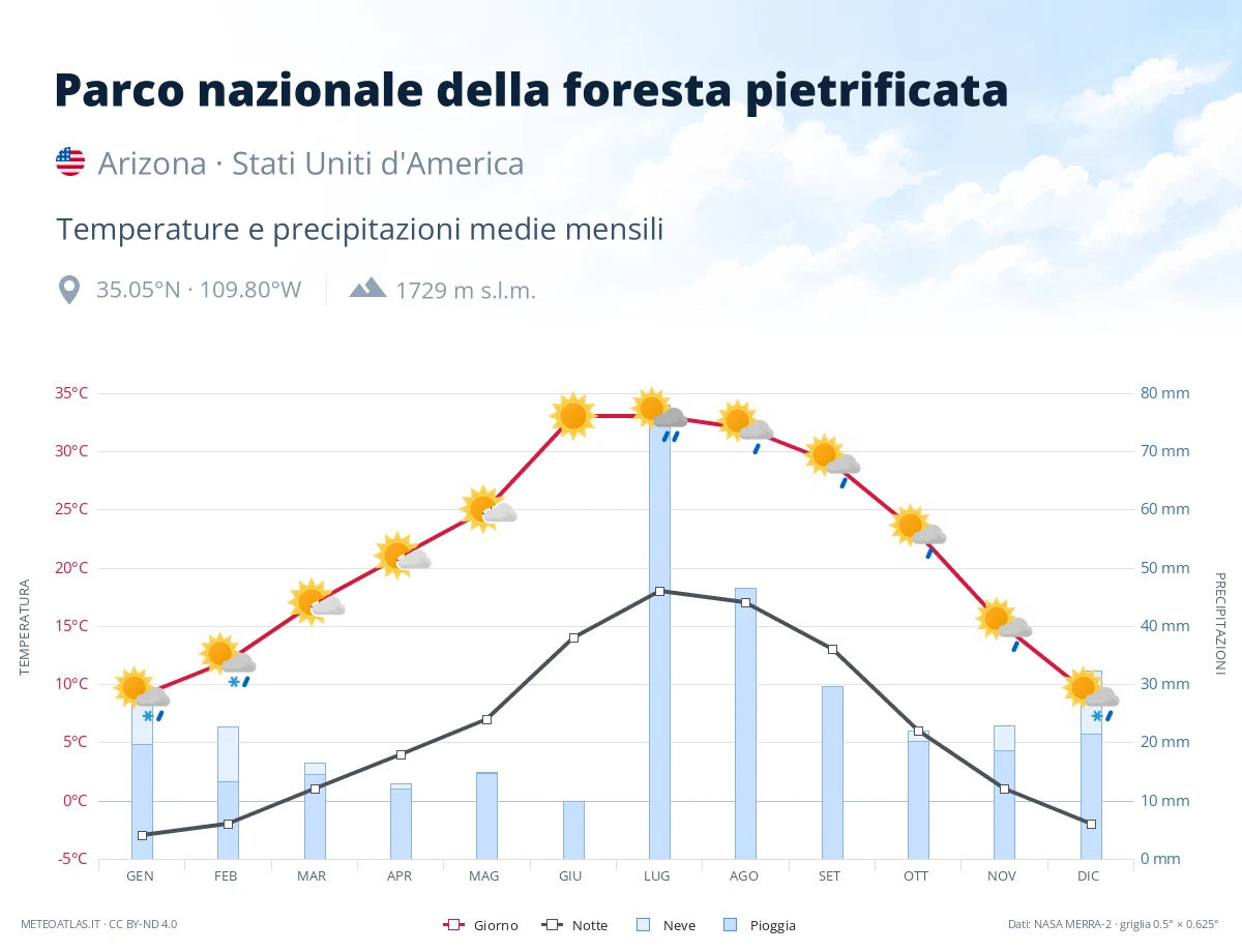 Parco nazionale della foresta pietrificata - temperature e precipitazioni medie mensili