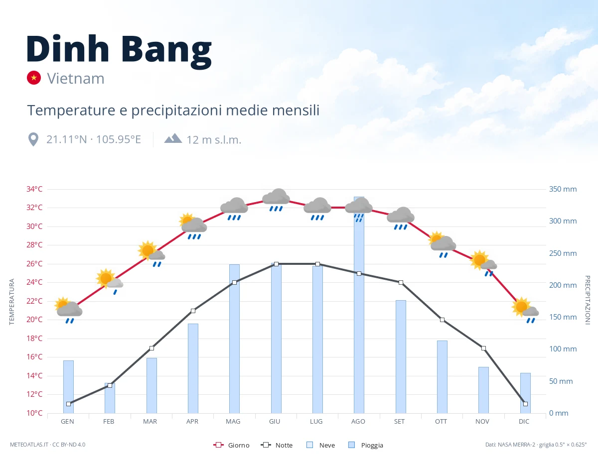 Dinh Bang - temperature e precipitazioni medie mensili